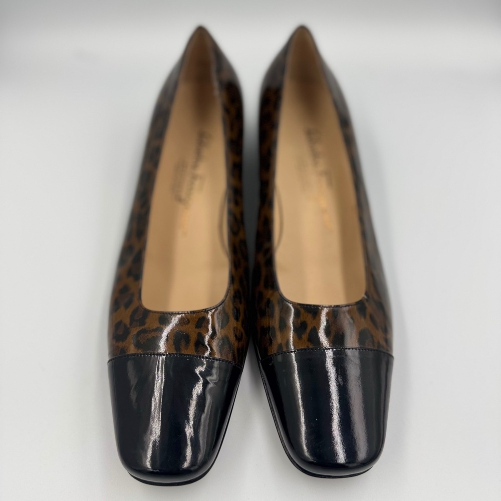 Salvatore Ferragamo Pumps Women 10 Brown Leopard Cap Toe Patent Low Heel